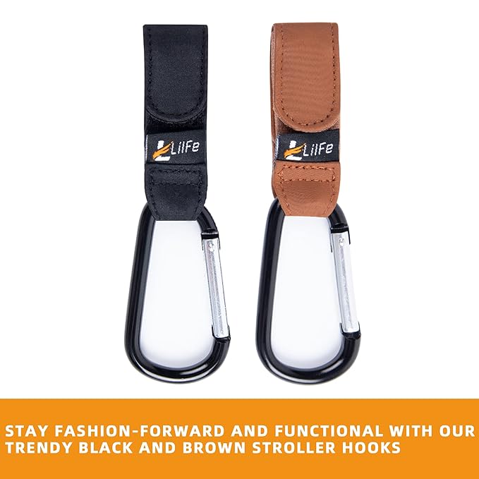 4 Pack Baby Stroller Hooks for Hanging | Multipurpose Stroller Straps with Durable and Stylish Stroller Clips for Diaper Bags | The Perfect Mummy Hook for Stroller, Walker and Shopping (Brown & Black)