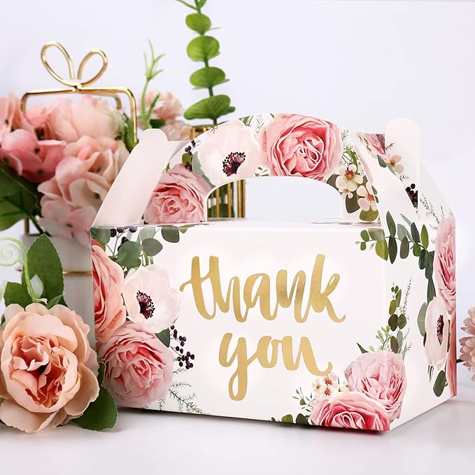 SOSFKIM Treat Boxes - 24 Pack Floral Design Embossed Gold Foil Cardboard Boxes - Party Favor Boxes Gable Boxes Perfect For Wedding, Birthday, Christmas, Celebrating 6.3x3.5x3.5 Inch