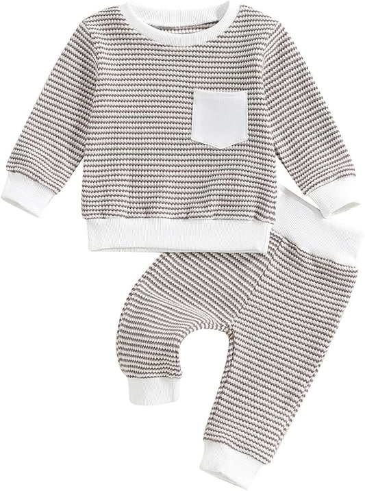 Baby Boy Toddler Fall Outfit Striped Sweatshirt Toddler Boy Winter Waffle Clothes 3 6 12 18 Months 2 3 T Pant Set