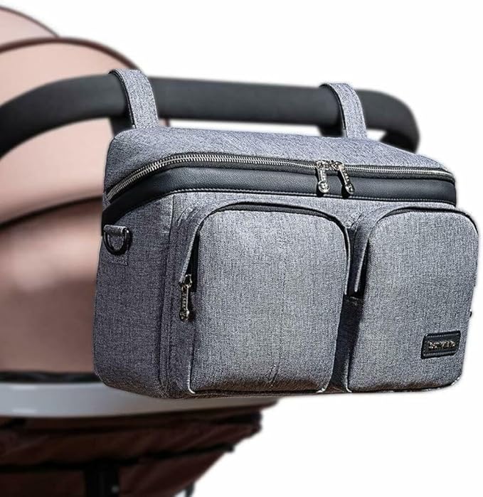 SUNVENO Universal Stroller Organizer Caddy, 2 Cup Holders, Multiple Pockets & Shoulder Strap — Fits Most Strollers