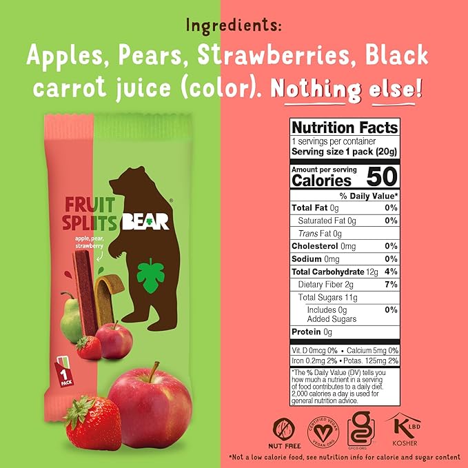 BEAR Real Fruit Snack Splits - Gluten Free, Vegan, and Non-GMO - Apple and Strawberry – Healthy School And Lunch Snacks For Kids And Adults, 0.7 Ounce (Pack of 18)