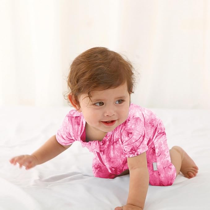 Jimonda Baby Girl Boys Rayon From Bamboo Pajamas 3 Pack Short Sleeve Footless Romper 2 Way Zipper Tie Dye Pjs Sleeper 0-24M