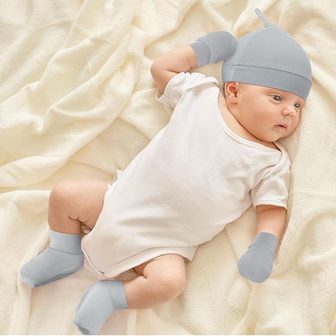 Toulite 10 Set Newborn Baby Socks Hat and Mittens Soft Ankle Sock Newborn Beanie Mitten for Boys Girls Infant