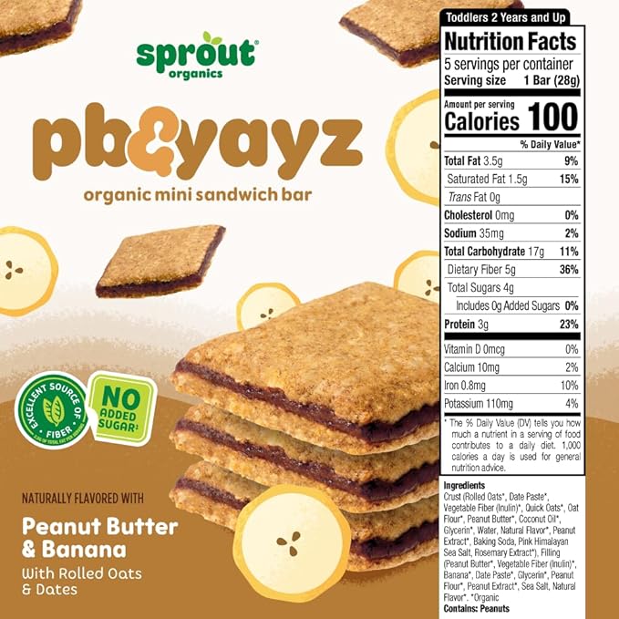 Sprout Organics, PB & Yayz Toddler Snack Bars, Peanut Butter & Banana, 5 Individual Bars 1.02 oz Each (6-boxes)
