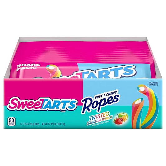 SweeTARTS Ropes, Candy, Twisted Rainbow Punch, Soft and Chewy, 3.5 oz, 12 count