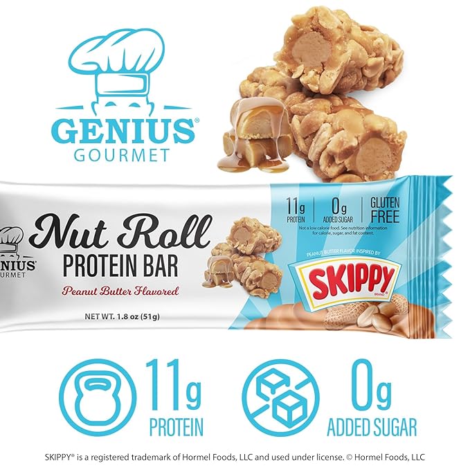Genius Gourmet SKIPPY Peanut Butter Flavor Inspired Protein Nut Roll Bar,11g Protein per serving(18% DV), 0g Added Sugar, Carb Conscious Snack Bar, Gluten Free – 10 Count