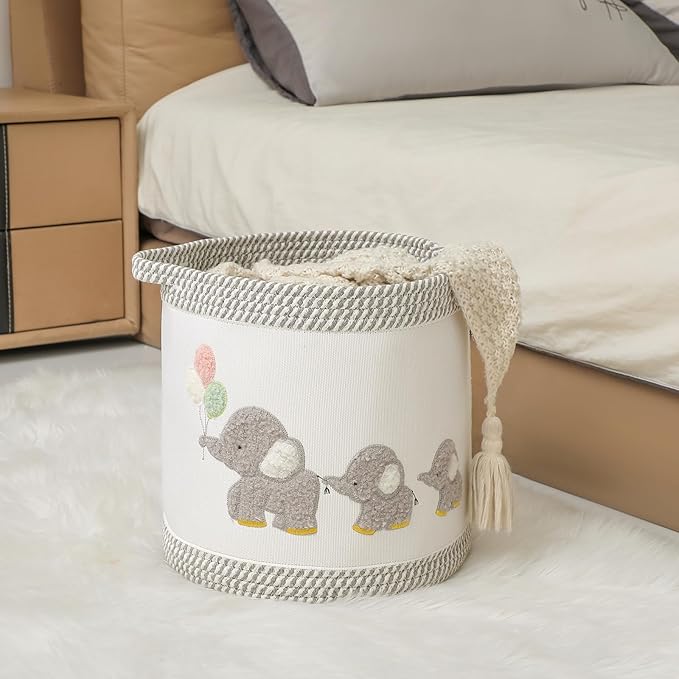 Baby Toy Basket Laundry Hamper Blanket Baskets Cute Elephant Nursery Storage Basket, Woven Cotton Rope Nursery Organization Bins For Girls Boys Kids Baby Shower Gifts Baskets
