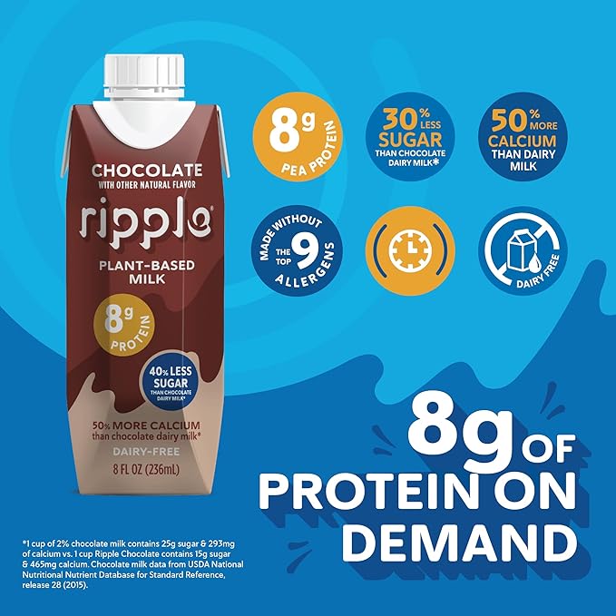 Ripple Non-Dairy Milk, Chocolate| Vegan Milk With 8g Pea Protein | Shelf Stable Single Serve Cartons | On-The-Go | Non-GMO, Plant Based, Gluten Free | 8 oz, 12 Pack