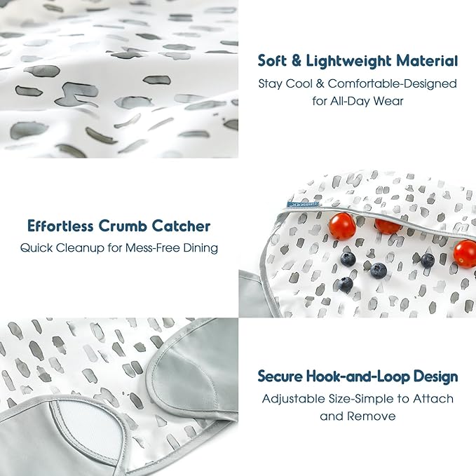 GRSSDER 3-pack Mess Proof Baby Feeding Bibs with Food Catcher Pocket, Soft Lightweight Waterproof Fabric Material with Zero Plastic-like Feel, Adjustable and Easy Clean Toddler Bibs for 6-36 Months