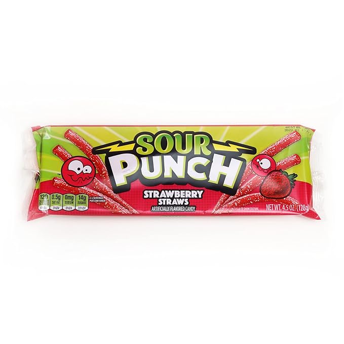 Sour Punch Straws, Sweet & Sour Strawberry Fruit Flavor, Chewy Candy, 4.5oz Tray (12 Pack)
