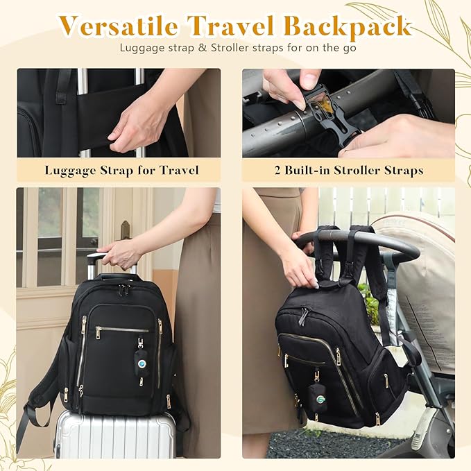 miss fong Diaper Backpack - Mommy & Dad Diaper Bag with Dispenser, 16 Pockets, Large Capacity, Travel & Baby Shower Gifts - Dark Black