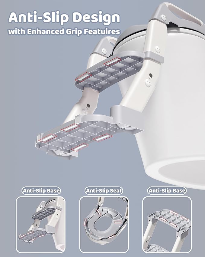 3-in-1 Potty Training Seat & Training Toilet & Potty Chair, Height Adjustable Toddler Toilet Seat for Kids Boys Girls, Foldable Potty Training Toilet with Splash Guard and Anti-Slip Steps