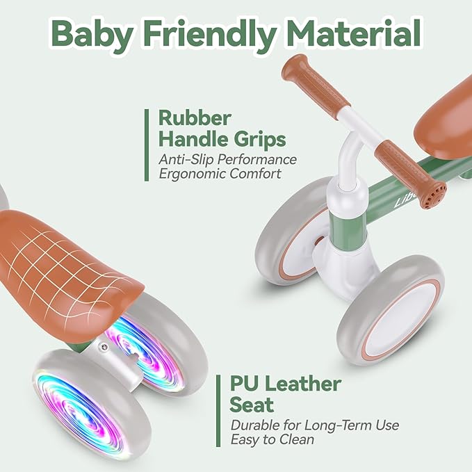 Liberry Light Up Baby Balance Bike 1 2 Years, Ride Toys with Adustable Seat for Boys Girls, First Birthday Gift for Toddlers, Green