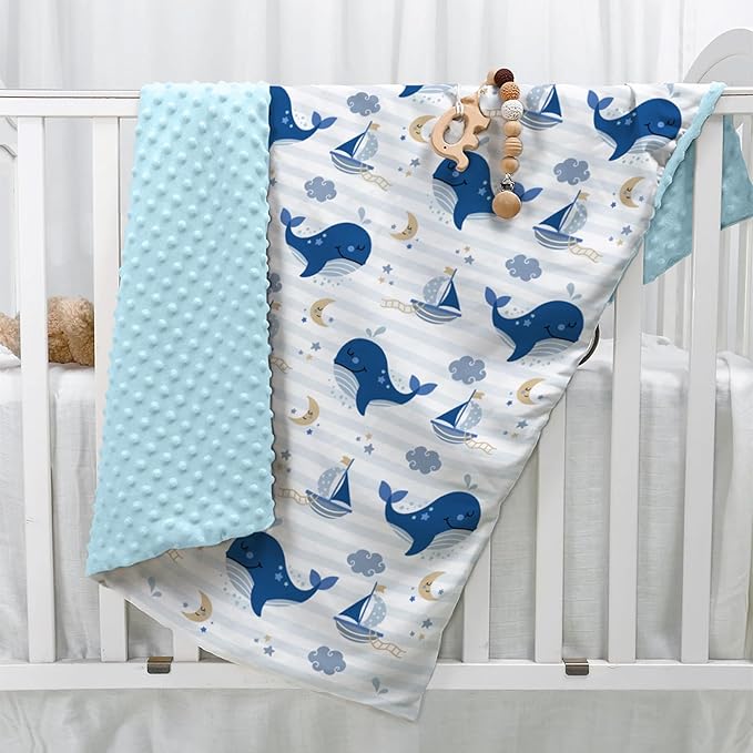 Whale Kid Blanket for Boys or Girl 30x40 - Soft Kids Throw Minky Blankets with Dotted Backing - Nursery Crib Blanket