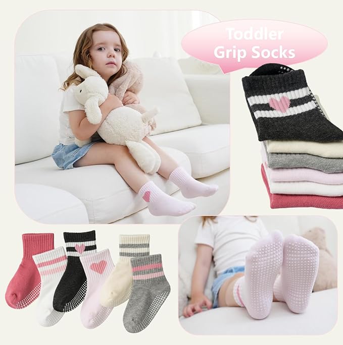 Toddler Grip Socks with Non-Slip, Unisex Baby Retro Stripe Seamless Crew Ankle Cotton Socks for Girls Boys 6 Pairs