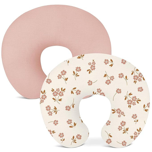 Nursing Pillow Covers 2 Pack, Muslin Nursing Cover for Breastfeeding Pillows, Comfortable for Baby Girls and Boys (Flower E & Pink)