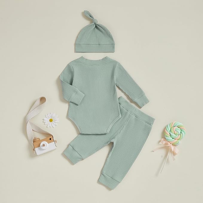 Newborn Baby Boy Clothes Long Sleeve Ribbed Bodysuit Pants Hat 3-Piece Outfit Set