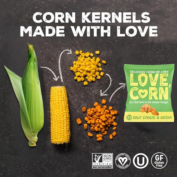 LOVE CORN Sour Cream & Onion 0.7oz x 20 Bags - Delicious Crunchy Corn - Healthy Family Snacks - Gluten Free, Kosher, NON-GMO - Alternative for Chips, Nuts, Crackers & Pretzels - Perfect for Charcuterie Boards