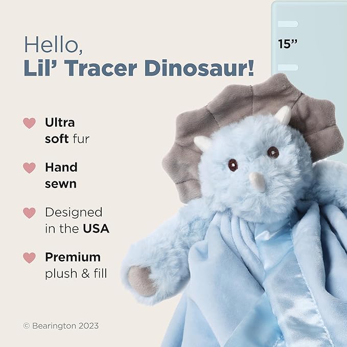 Bearington Baby Lil’ Tracer Snuggler, 15 Inch Light Blue Dinosaur Plush Stuffed Animal Security Blanket Lovey for Babies