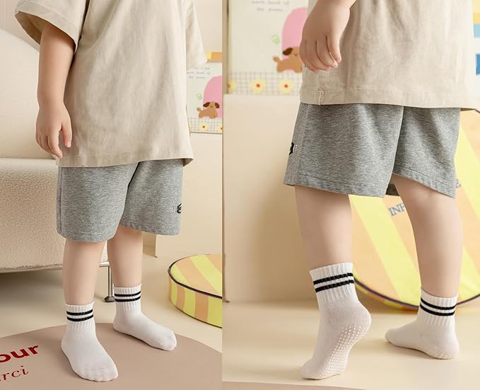 Toddler Grip Socks with Non-Slip, Unisex Baby Retro Stripe Seamless Crew Ankle Cotton Socks for Girls Boys 6 Pairs