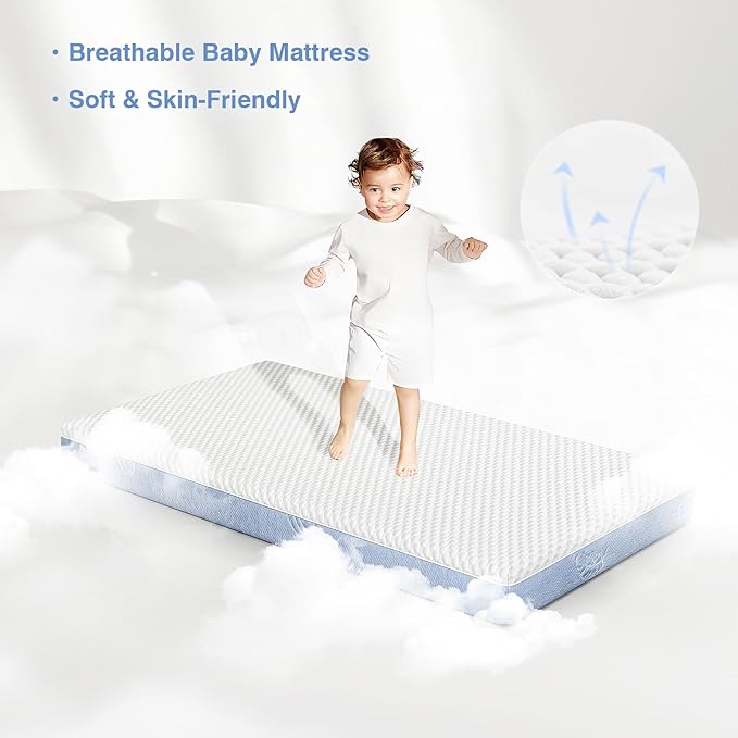 Dual-Sided Comfort Baby and Toddler Crib Mattress with Cool Gel Memory Foam, Triple-Layer Breathable Premium Baby-Mattress for Infant and Toddler with Removable Outer Cover -White&Blue