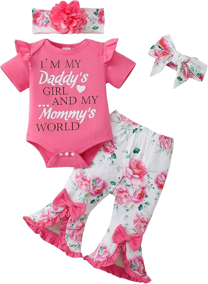 SUNNY PIGGY Newborn Baby Girl Clothes Infant Outfits Romper Floral Fall Outfit Bell Bottoms Pant Sets Hat Headband Flowerpant