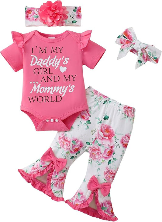 SUNNY PIGGY Newborn Baby Girl Clothes Infant Outfits Romper Floral Fall Outfit Bell Bottoms Pant Sets Hat Headband Flowerpant