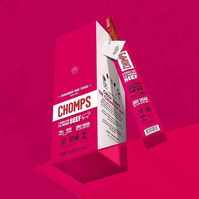 Chomps Grass-Fed and Finished Spicy Habanero Beef Jerky Snack Sticks 24-Pack - Keto, Paleo, Whole30, 10g Lean Meat Protein, Gluten-Free, Zero Sugar Food, Non-GMO