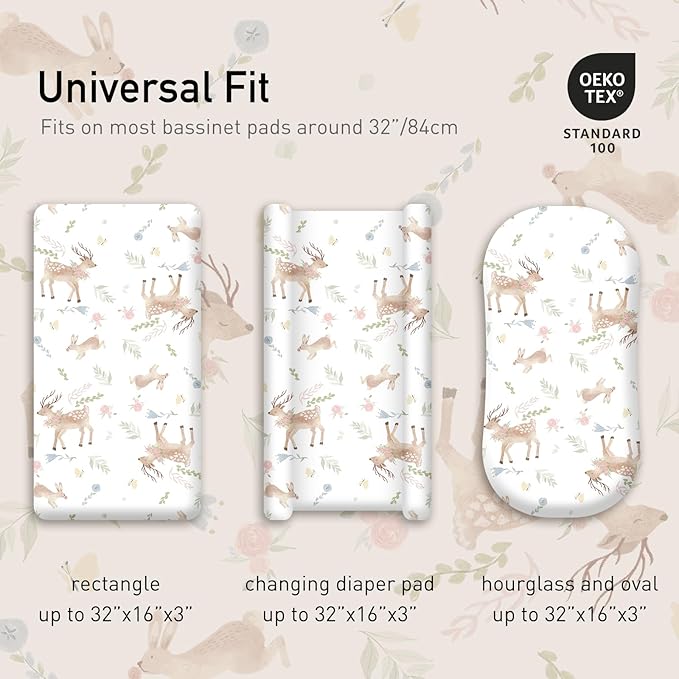 Gllquen Baby Bassinet Sheets 4 Pack, Breathable Cozy Fitted Mattress Sheet, Elastic Travel Crib Fashionable Floral Pattern, Standard Cradle Safe Sheets for Baby Boys Girls 32"x16"(Deer & Rose)