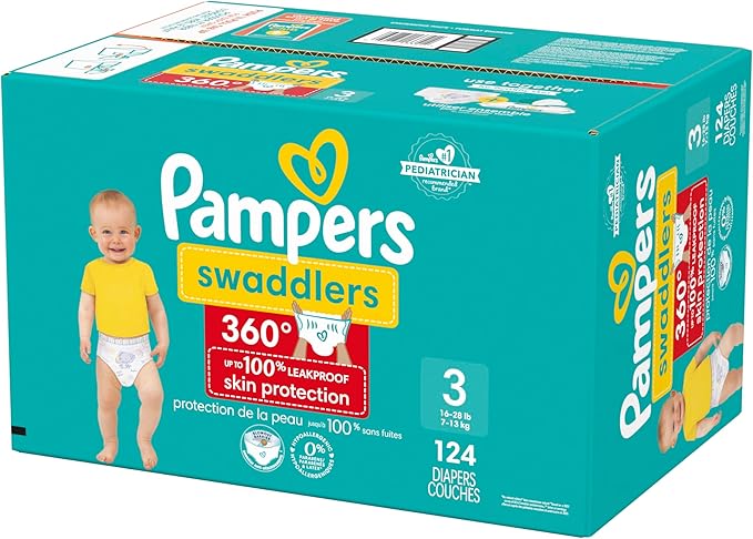 Pampers Diapers - Swaddlers 360° - Size 3, 124 Count, up to 100% Leakproof Comfy Dry Fit, Designed for Easy Changes, Pull On Baby Diaper (Packaging May Vary)