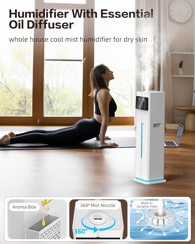 Cool Mist Humidifiers for Bedroom, Ultrasonic 2.4Gal 9L Quiet Top-Fill, Easy Clean with Essential Oil Tray, 360°Nozzle, 4 Speed, Remote, 60H Runtime, for Baby, Adults, Plants, Home, House, Large Room