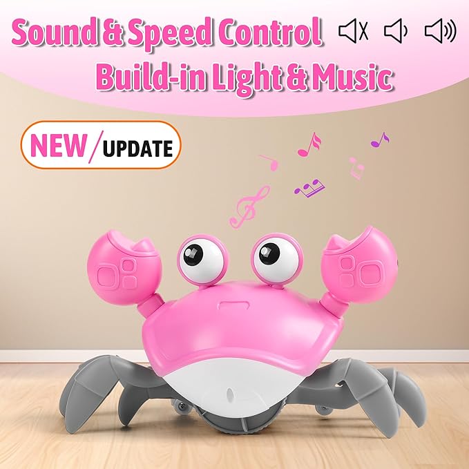 Crawling Crab Baby Girl Toy: Tummy Time Toys for Infant 3 6 9 12 18 24 36 Months, Pink Walking Dancing Sensing Crab for Toddler Age 1 2 3 4, 1st Music Birthday Gifts for Girls