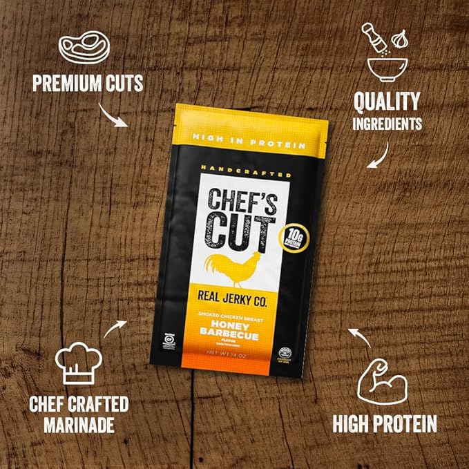Chef's Cut Chicken Jerky Meat, Honey Barbecue (14 Ounce Bag) - High Protein, 10g Protein, 80 Calories, Gluten-Free, Premium Smoked Chicken Breast, Keto Friendly Snack, Low Carb Snack