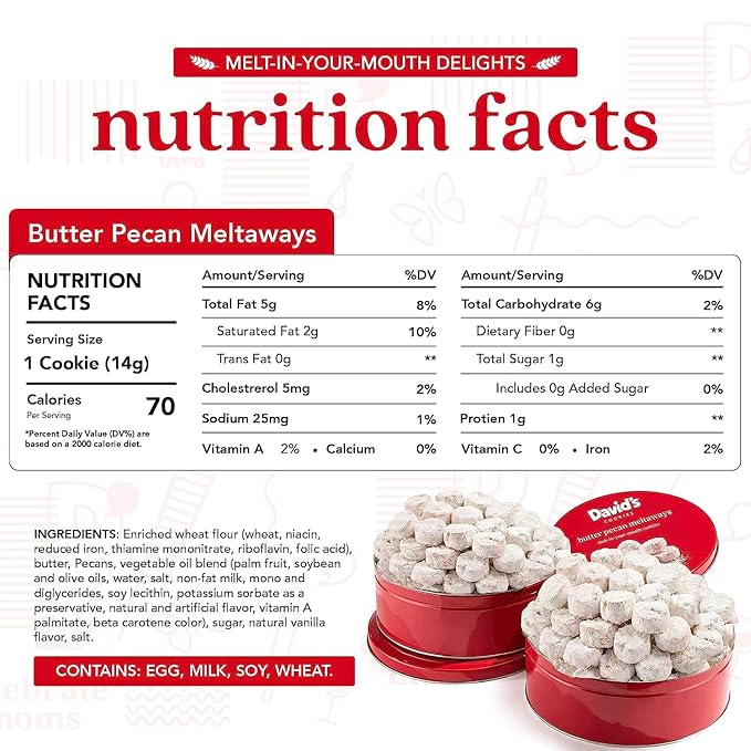 David's Cookies Gourmet Butter Pecan Meltaway Round Tin with Crunchy Pecans and Powdered Sugar, All-Natural Ingredients, Kosher, Ideal Present for Special Occasions, 64 Oz (2 Pack)