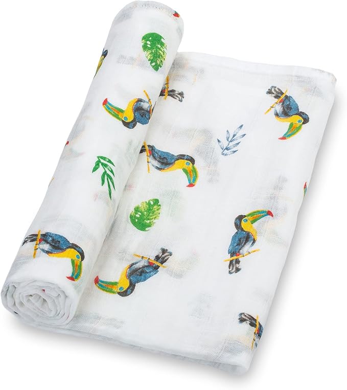 LollyBanks Swaddle Blanket, 100% Cotton Muslin Swaddle Blankets for Boys and Girls, Large 47 x 47 Inches Baby Blanket, Soft and Breathable Receiving Blankets, Registry (Vibrant Tropical Toucan)