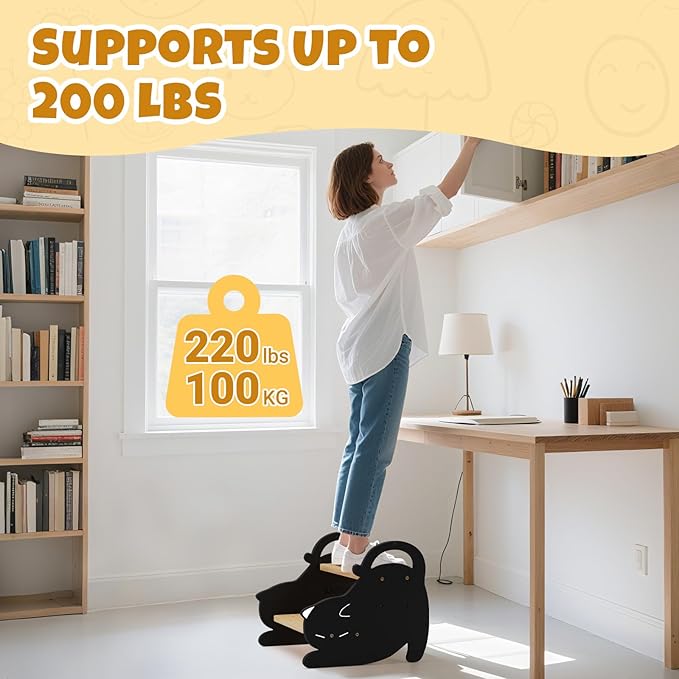 COSYLAND Two Step Stool for Kids - Non-Slip Toddler Potty Training Stool for Sink/Kicthen/Bathroom/Bedroom, Lovely Cat Style Toddler Step Stool with Handles Easy to Move (Natural & Black)