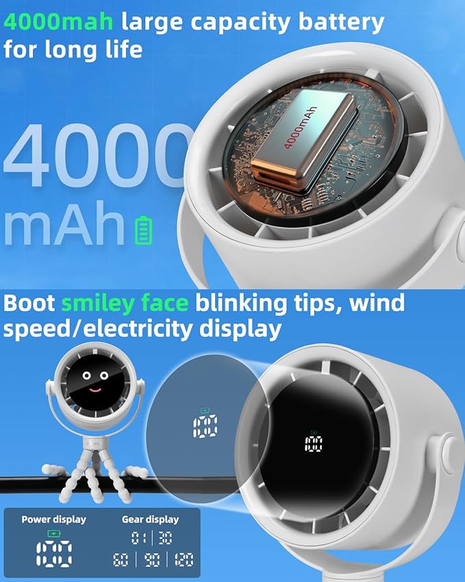 Stroller Fan Portable, Personal Fan for Travel, Air Turbo Tech & Digital display, Detachable 5 Speeds Rechargeable 360° Rotate Flexible Tripod, For Home Office Stroller (White)