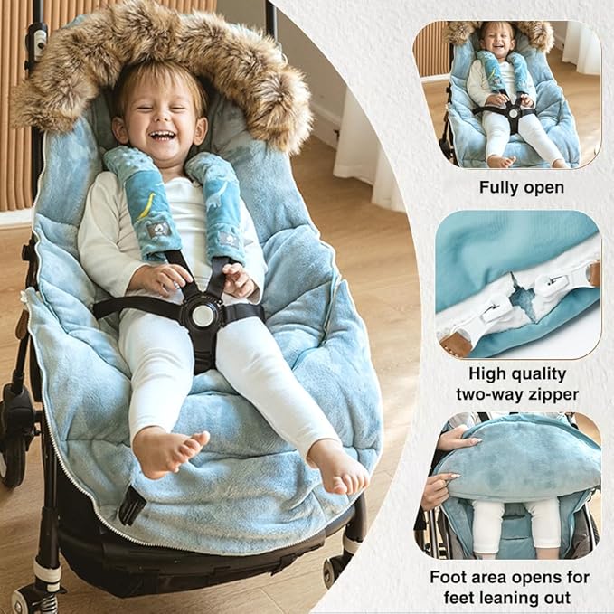 Fairy Baby Winter Cold Universal Stroller Bunting Bag for Baby Toddler-Waterproof Windproof Car Seat Cover Stroller Footmuff - Dog Outdoor Sleeping Bag with Oversized Fur Collar (Blue)