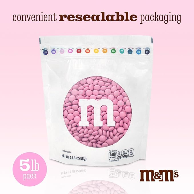 M&M’S WORLD Pink Milk Chocolate Candy, 5lbs of M&M'S in Resealable Pack for Candy Bars, Birthdays, Baby Showers, Gender Reveals, It's A Girl, Dessert Tables & DIY Party Favors