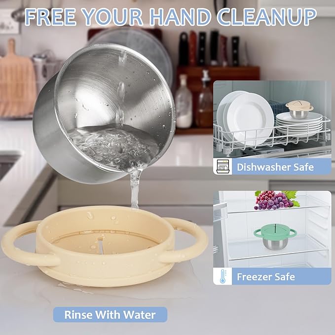 2 Pack 304 Stainless Steel Snack Cups for Toddlers, Toddler Snack Containers with Spill-Proof Silicone Travel Lid & Handle, Dishwasher Safe, Removable Snack Cup for Baby, Toddler, Kids