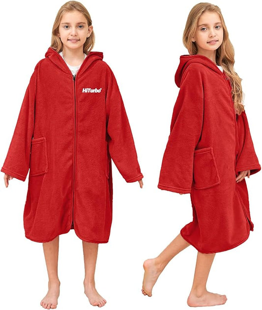 Hiturbo Kids Bath Towel Hoodie: Soft Plush Zipper Surf Poncho - Warm Fleece Changing Towels Swimming Outerwear (Red)