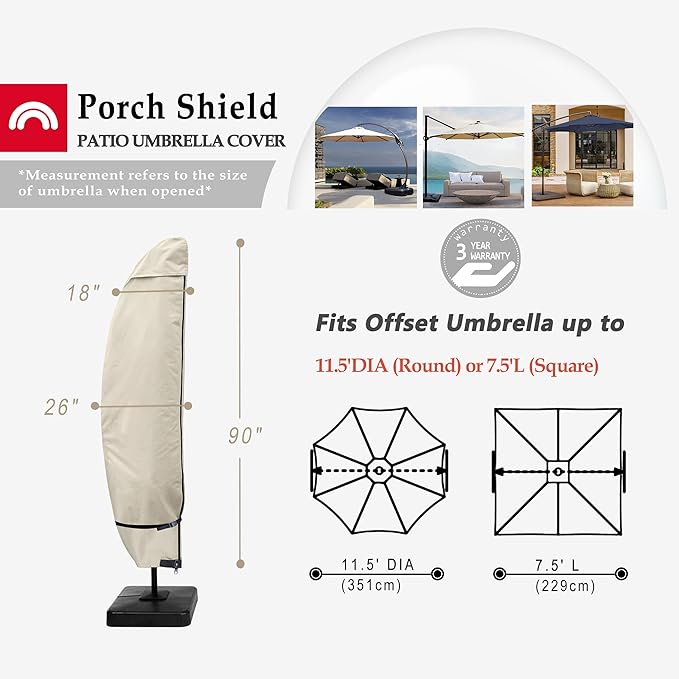 Porch Shield Patio Umbrella Cover - Outdoor Waterproof Garden Offset Banana Parasol Cover Fits Cantilever Offset Umbrella 7.5-11.5 Feet, Beige