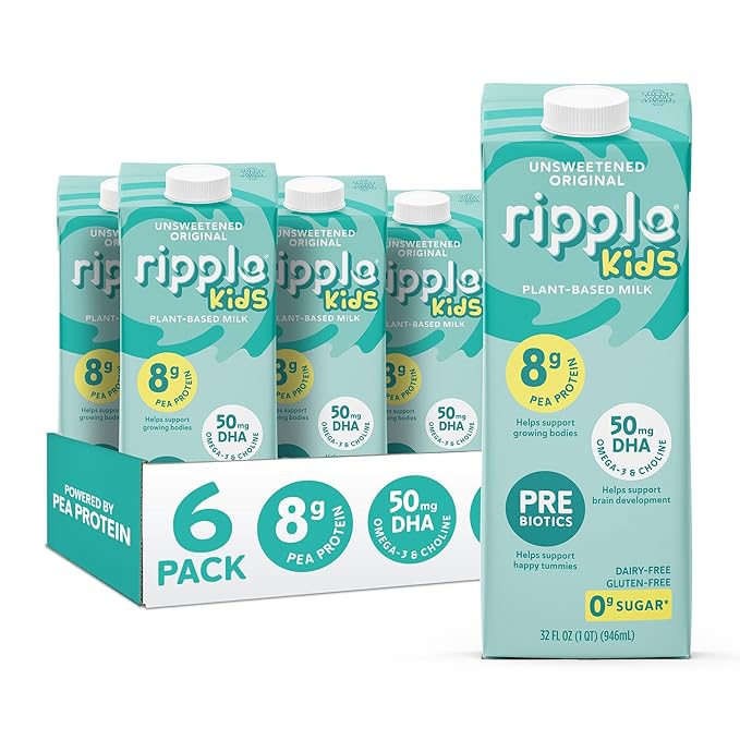 Ripple Kids Unsweetened Plant Based Milk | Pediatrician Recommended | 8g of Pea Protein | Shelf Stable | Vegan & Non GMO | Dairy, Soy, Nut, Gluten, & Lactose Free | 32 Fl Oz Cartons (Pack of 6)