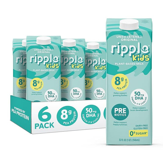Ripple Kids Unsweetened Plant Based Milk | Pediatrician Recommended | 8g of Pea Protein | Shelf Stable | Vegan & Non GMO | Dairy, Soy, Nut, Gluten, & Lactose Free | 32 Fl Oz Cartons (Pack of 6)