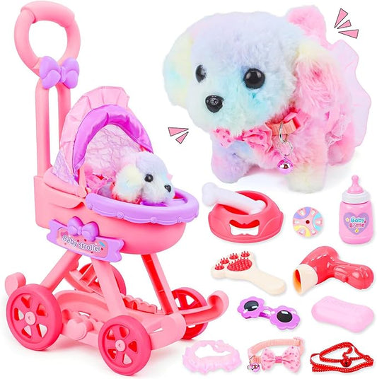 13Pcs Dog Toys for Kids Girls, Pretend Puppy Stroller Playset for Toddler, Electronic Interactive Walking Barking Dog Toy, Pet Care & Feeding Accessories Birthday Gifts for Little Girl 3 4 5 6