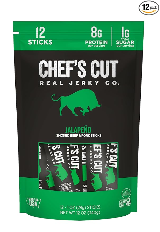 Chef's Cut Smoked Beef and Pork Jerky Meat Sticks, Jalapeño (1 Ounce Stick, Pack of 12) - High Protein, 8g Protein, 90 Calories, Gluten-Free, Individually Wrapped, Keto Friendly Snack, Low Carb Snack