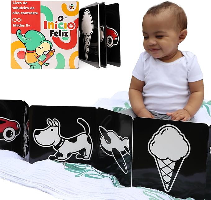 Happy Start Award-Winning High Contrast Board Book - Newborn Black & White Baby Cards, Easy to Clean, Hospital Approved, Stands on Its Own, Tummy Time Toy, Ages 0+ (Portuguese)