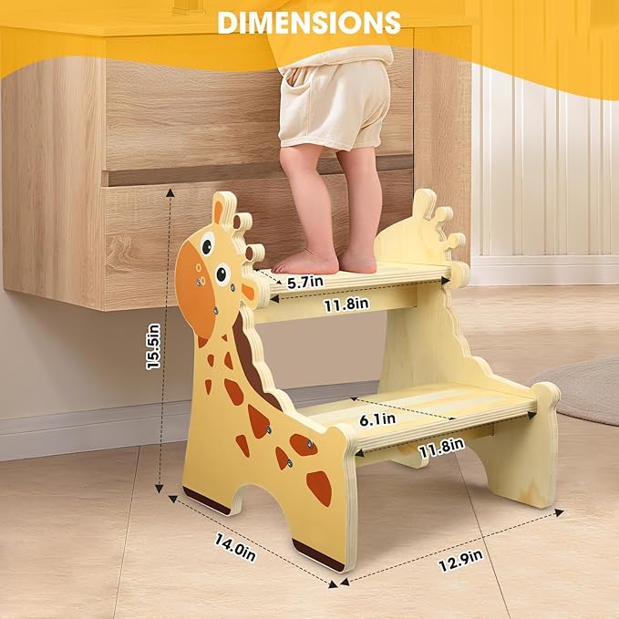 Toddler Step Stool, 2-Step Wooden Step Stool for Toddlers with Non-Slip Base, Cute Printed Design Potty Training Stool for Bathroom Sink, Kitchen & Bedroom (Giraffe)