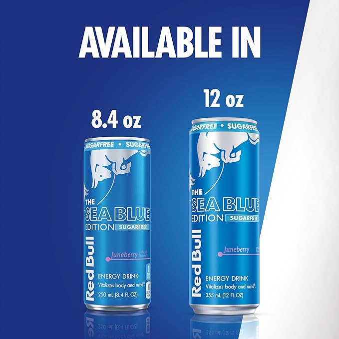 Red Bull Sea Blue Edition Sugar Free Energy Drink, Juneberry, 12 fl. oz., 6 x 4 Cans, Pack of 24 Cans, with 114mg Caffeine, Taurine & B Vitamins