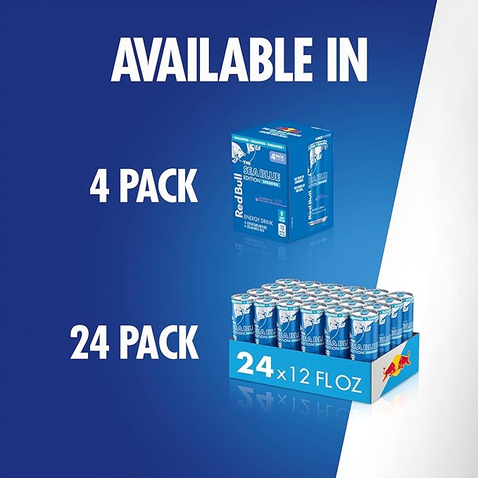 Red Bull Sea Blue Edition Sugar Free Energy Drink, Juneberry, 12 fl. oz., 6 x 4 Cans, Pack of 24 Cans, with 114mg Caffeine, Taurine & B Vitamins